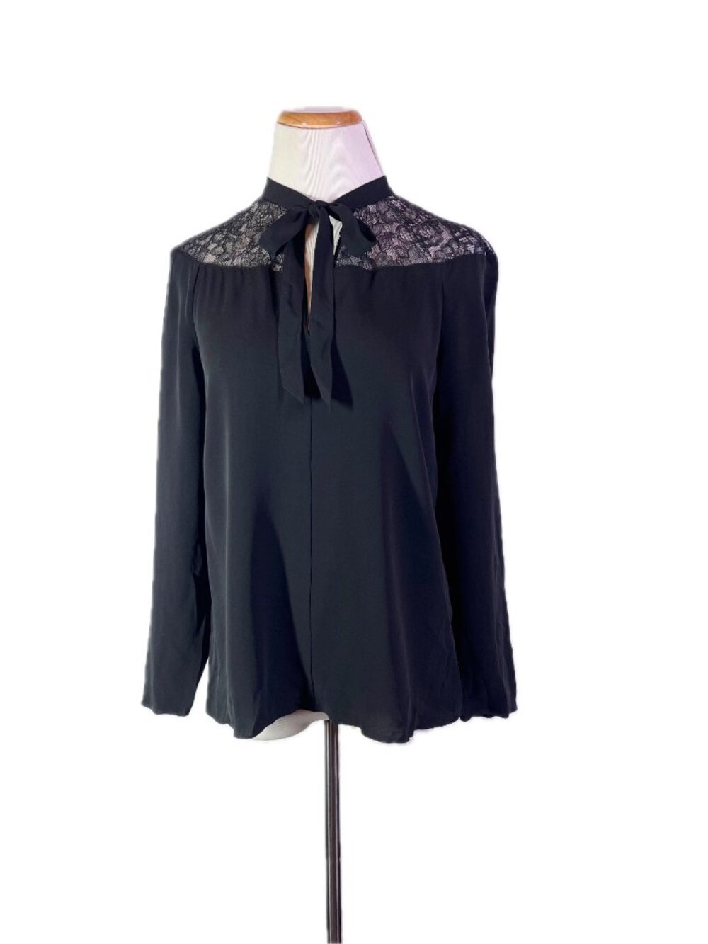 Theory Size S Silk Black Lace Yolk Long Sleeve Top Tie